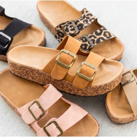 Tan Double Buckle Cork Platform Slip On Casual Summer Bohemian Sandals - Picture 3 of 3